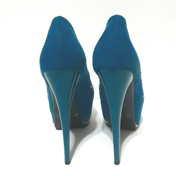 Memorata Celine Sapphire Blue Bejeweled Ultra High Stiletto Platform Heels US 6 - Picture 7 of 9
